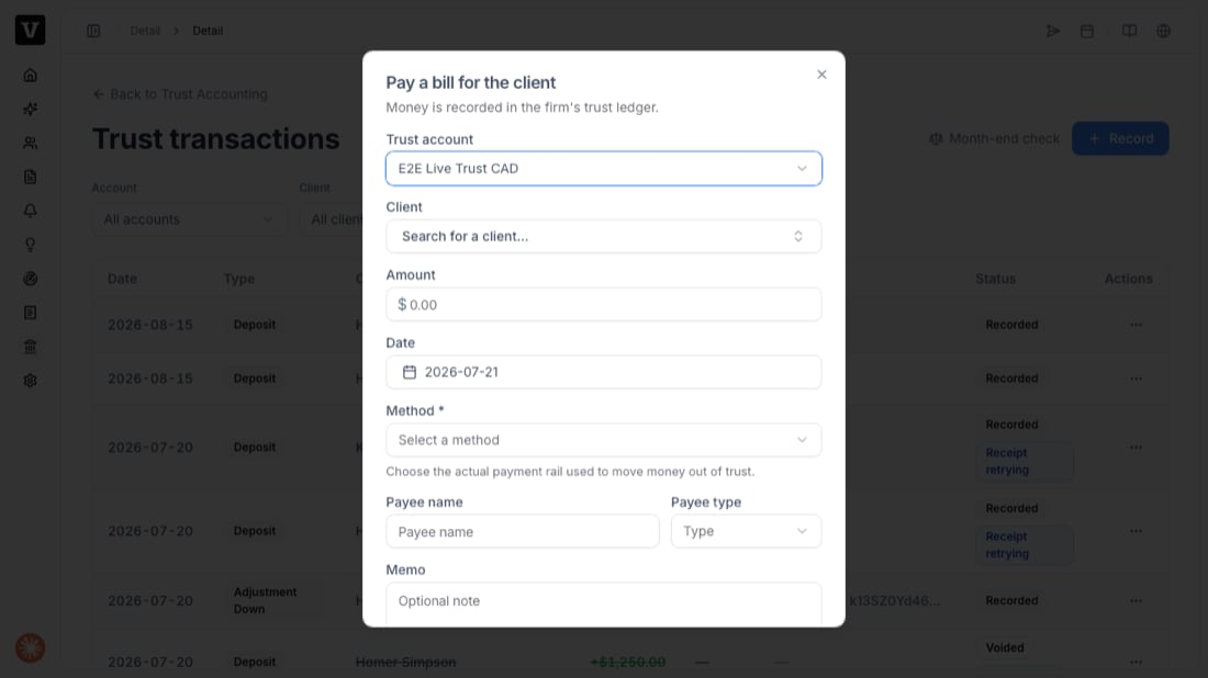 Pay a bill dialog with account, client, amount, method, and payee fields