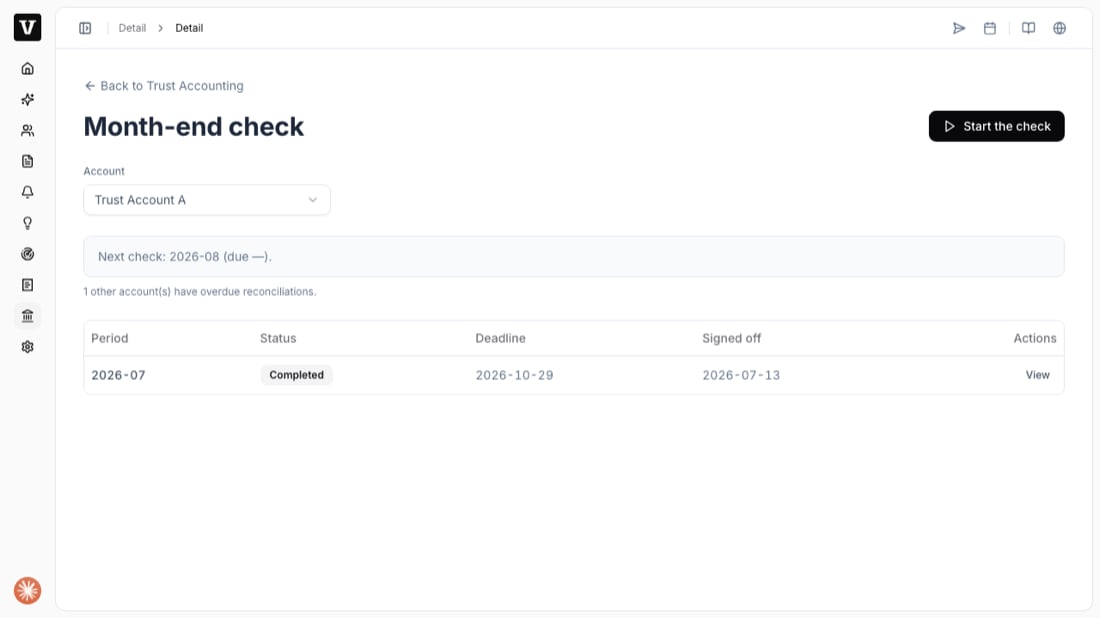 Reconciliation list with the Start the check action