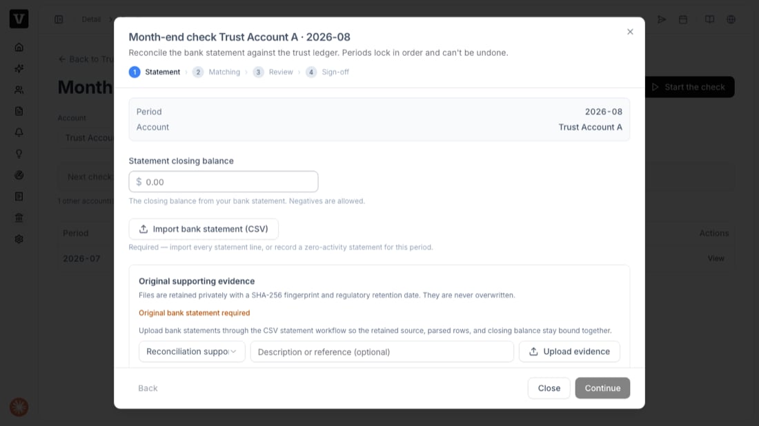 Month-end check wizard on the Statement step with closing balance, CSV import, and evidence upload