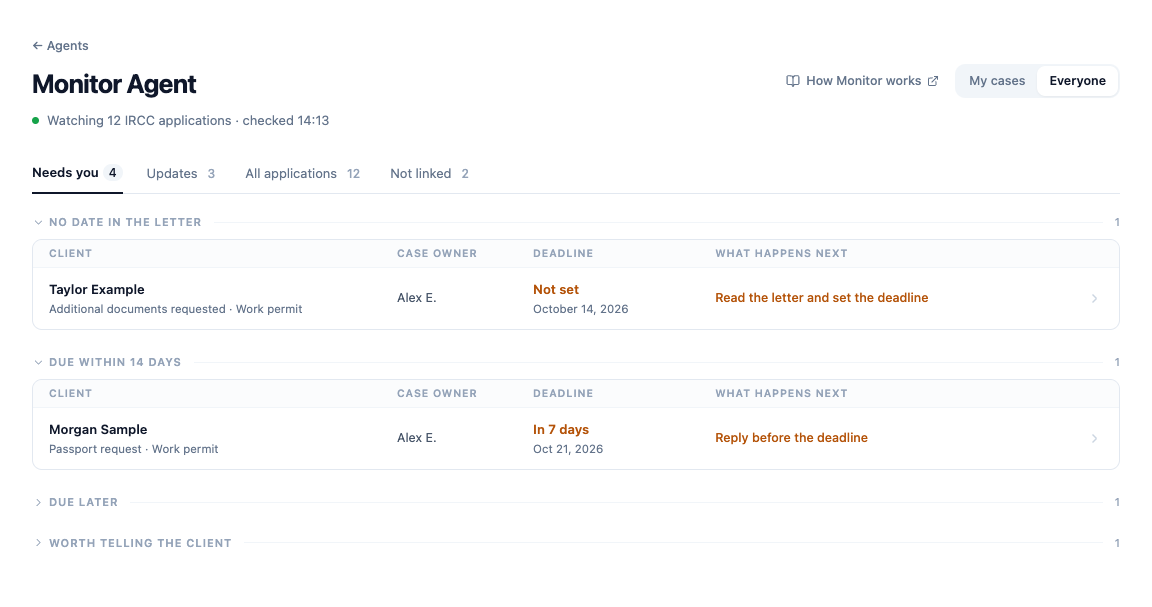Monitor Agent showing Needs you, Updates, All applications and Not linked tabs, with letters grouped by deadline.