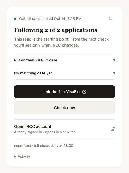 First-check summary showing two followed applications, one linked case and one application to link in VisaFlo.