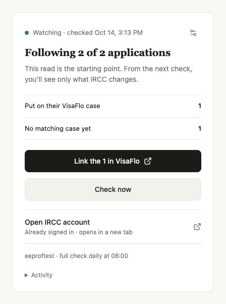First-check summary showing two followed applications, one linked case and one application to link in VisaFlo.