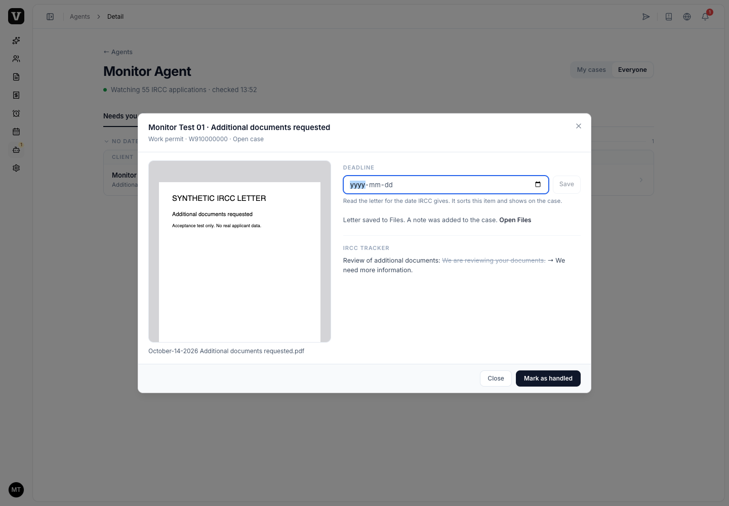 An example IRCC letter open in Monitor Agent, with a PDF preview, Deadline field, tracker changes and Mark as handled button.