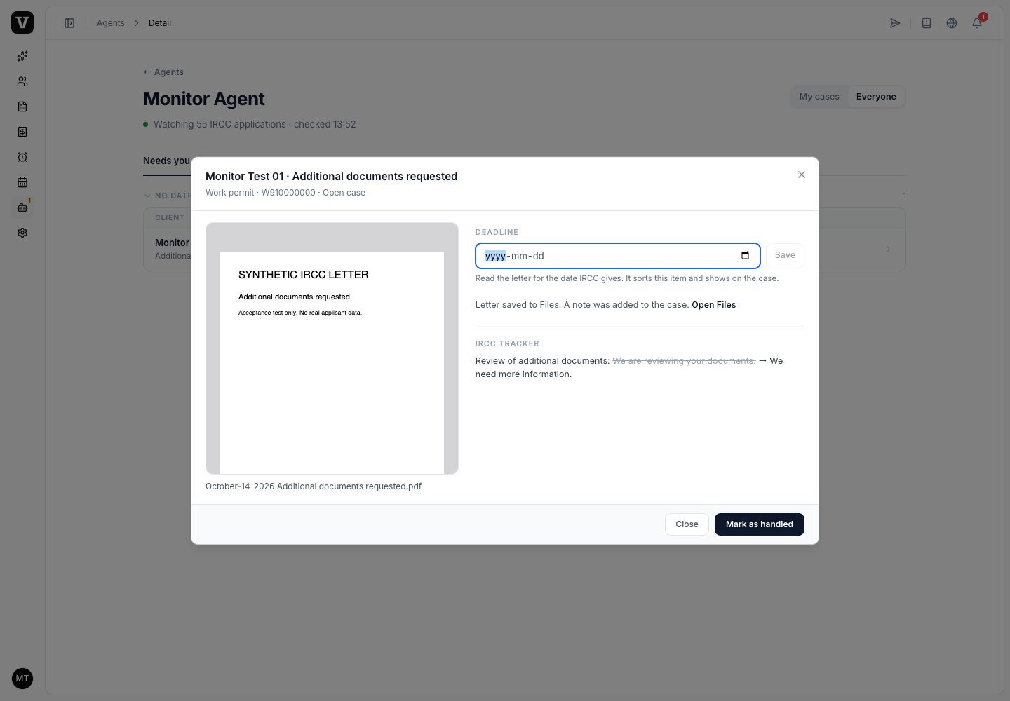 An example IRCC letter open in Monitor Agent, with a PDF preview, Deadline field, tracker changes and Mark as handled button.