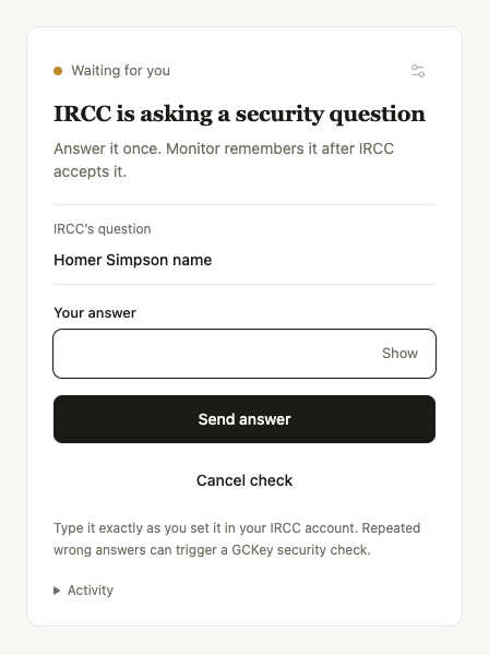 Monitor asking an example security question with a Your answer field and Send answer button.