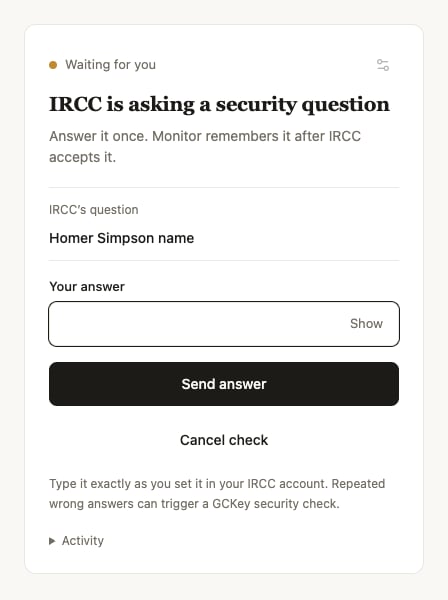 Monitor asking an example security question with a Your answer field and Send answer button.