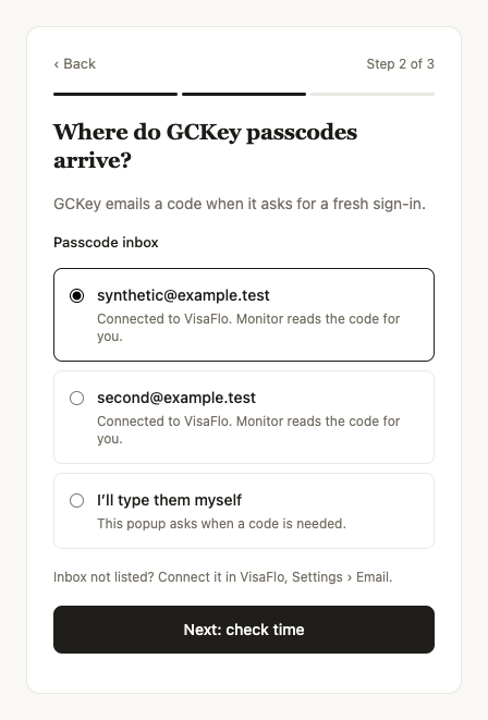 Step 2 of 3: a connected example mailbox and the option to type passcodes manually.