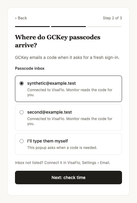 Step 2 of 3: a connected example mailbox and the option to type passcodes manually.