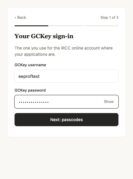 Step 1 of 3: GCKey username and password fields, followed by Next: passcodes.