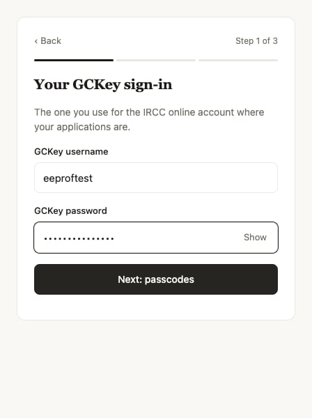 Step 1 of 3: GCKey username and password fields, followed by Next: passcodes.