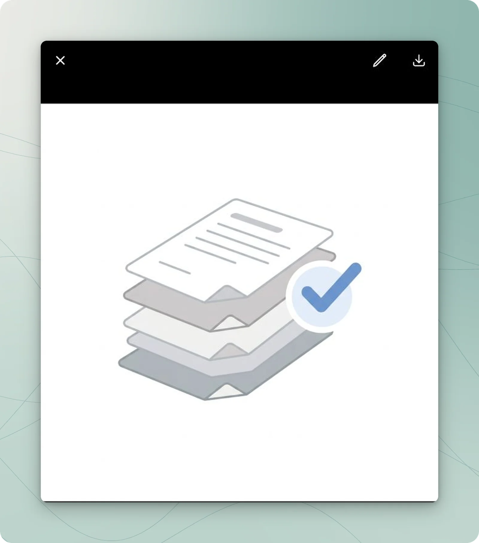 Erstellte Illustration eines Dokumentenstapels mit Häkchen; oben befinden sich Schließen, Stift und Downloadpfeil