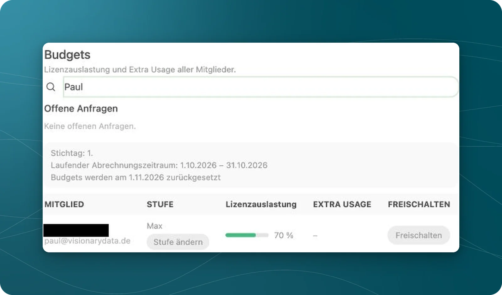 Budgetübersicht mit Mitgliedssuche, offenen Anfragen, Zeitraumleiste und einer Mitgliedszeile.