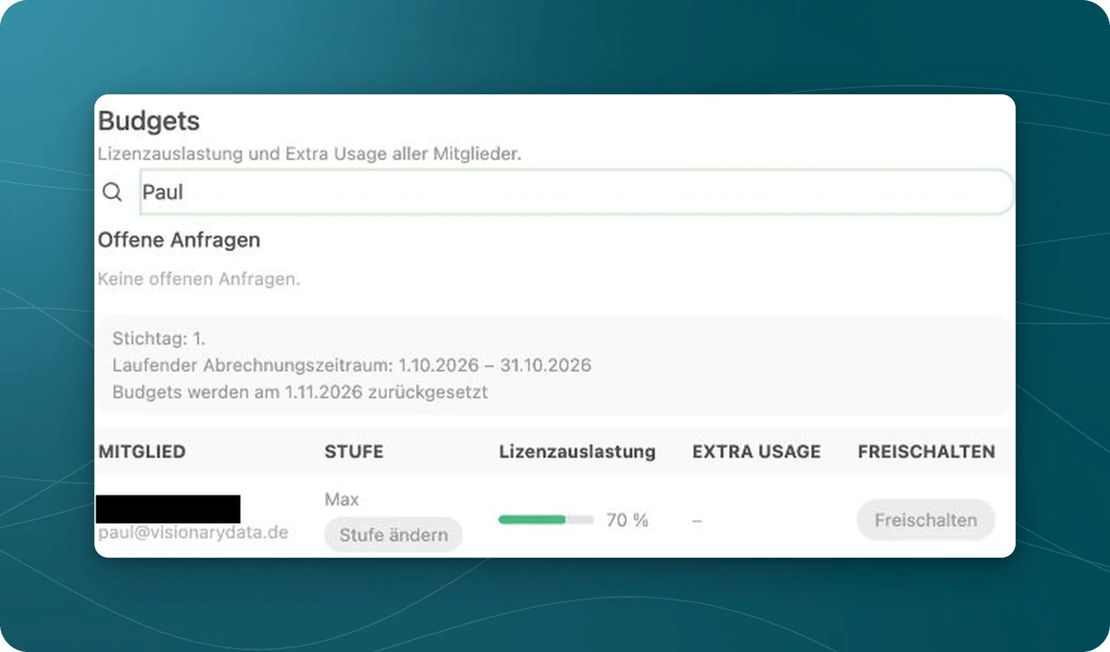 Budgetübersicht mit Mitgliedssuche, offenen Anfragen, Zeitraumleiste und einer Mitgliedszeile.