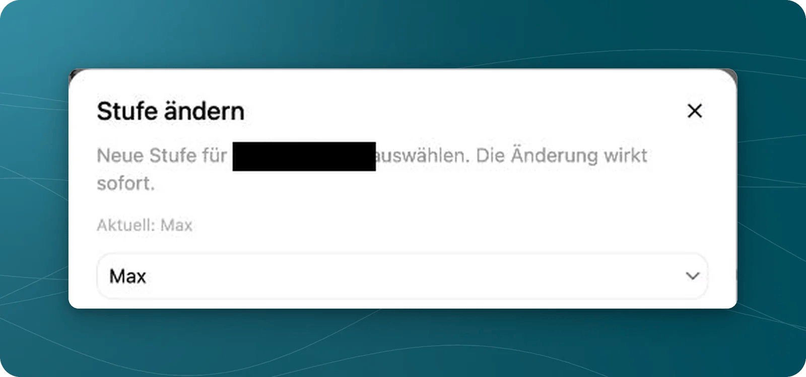 Oberer Ausschnitt des Dialogs Stufe ändern mit aktueller Stufe und Auswahlfeld; Name verdeckt.