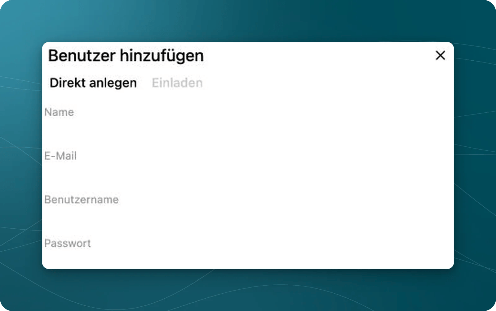 Oberer Teil des leeren Formulars Benutzer hinzufügen mit ausgewähltem Register Direkt anlegen und Feldern Name, E-Mail, Benutzername und Passwort