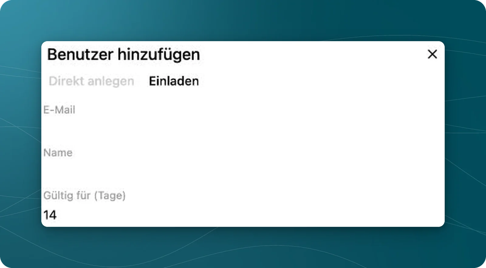 Leerer oberer Teil des Fensters Benutzer hinzufügen im Register Einladen mit Feldern für E-Mail, Name und Gültigkeit