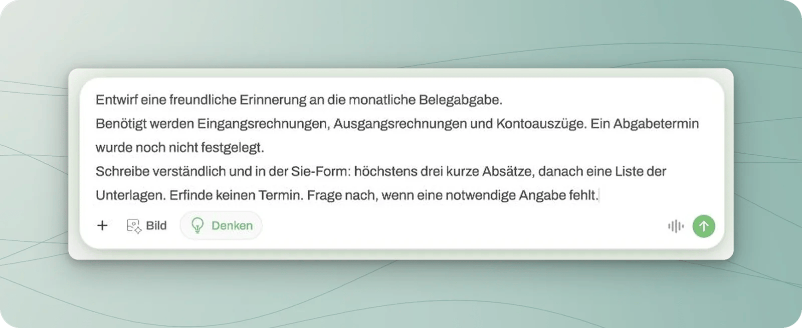 Ascadi-Eingabefeld mit einem erfundenen Auftrag zur Belegabgabe und dem Sendepfeil rechts
