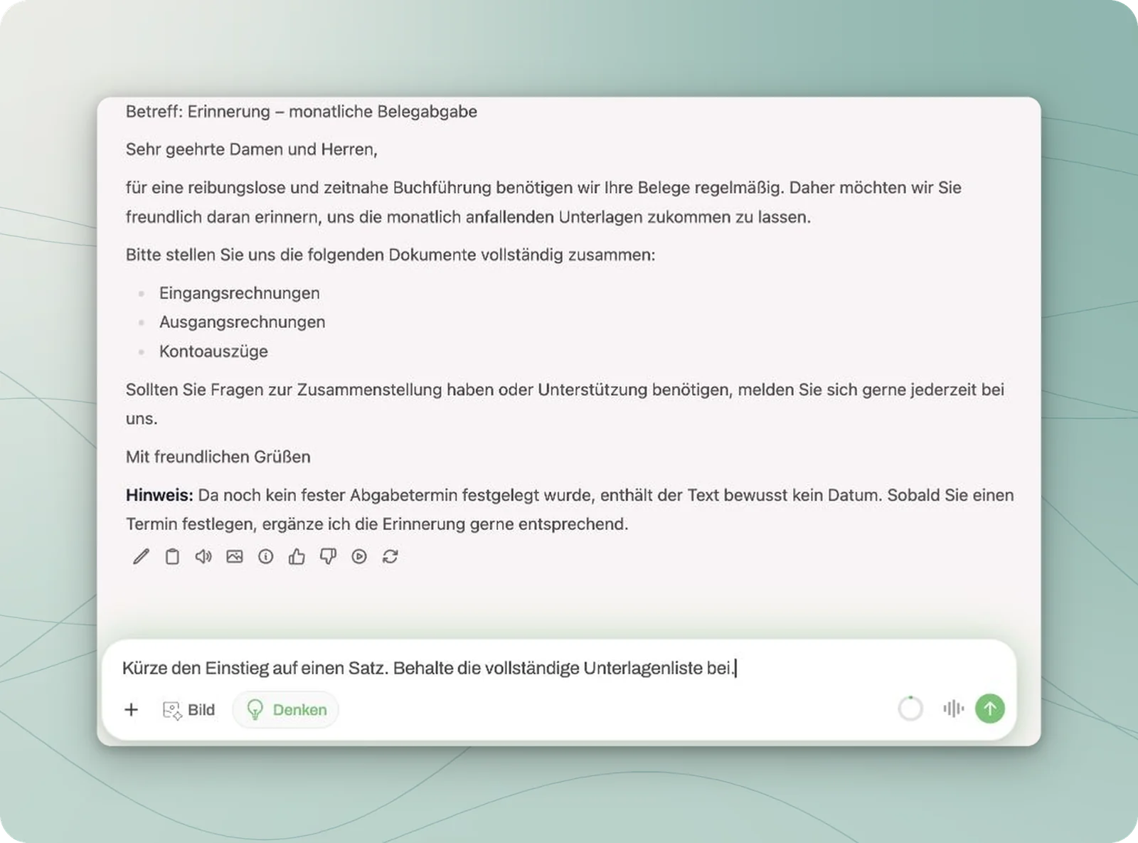 Neutraler Entwurf zur Belegabgabe mit Unterlagenliste und noch nicht gesendeter Bitte, den Einstieg auf einen Satz zu kürzen