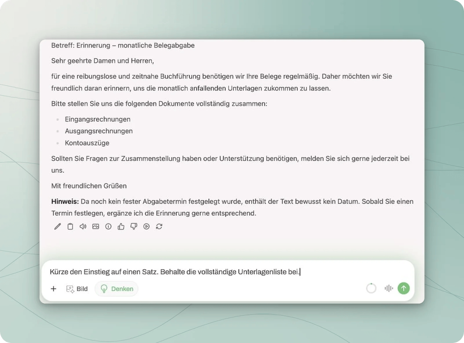 Neutraler Entwurf zur Belegabgabe mit Unterlagenliste und noch nicht gesendeter Bitte, den Einstieg auf einen Satz zu kürzen