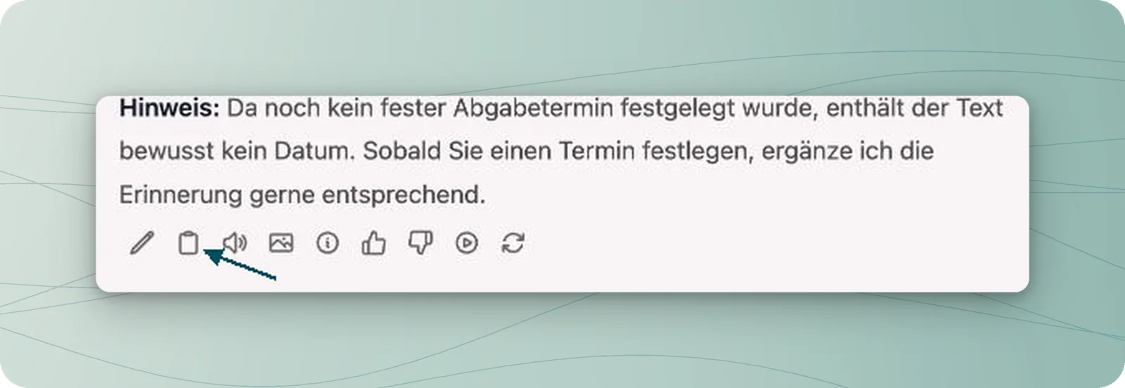 Ende einer neutralen Antwort zur Belegabgabe mit markiertem Zwischenablage-Symbol zum Kopieren