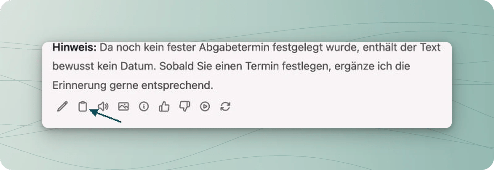 Ende einer neutralen Antwort zur Belegabgabe mit markiertem Zwischenablage-Symbol zum Kopieren