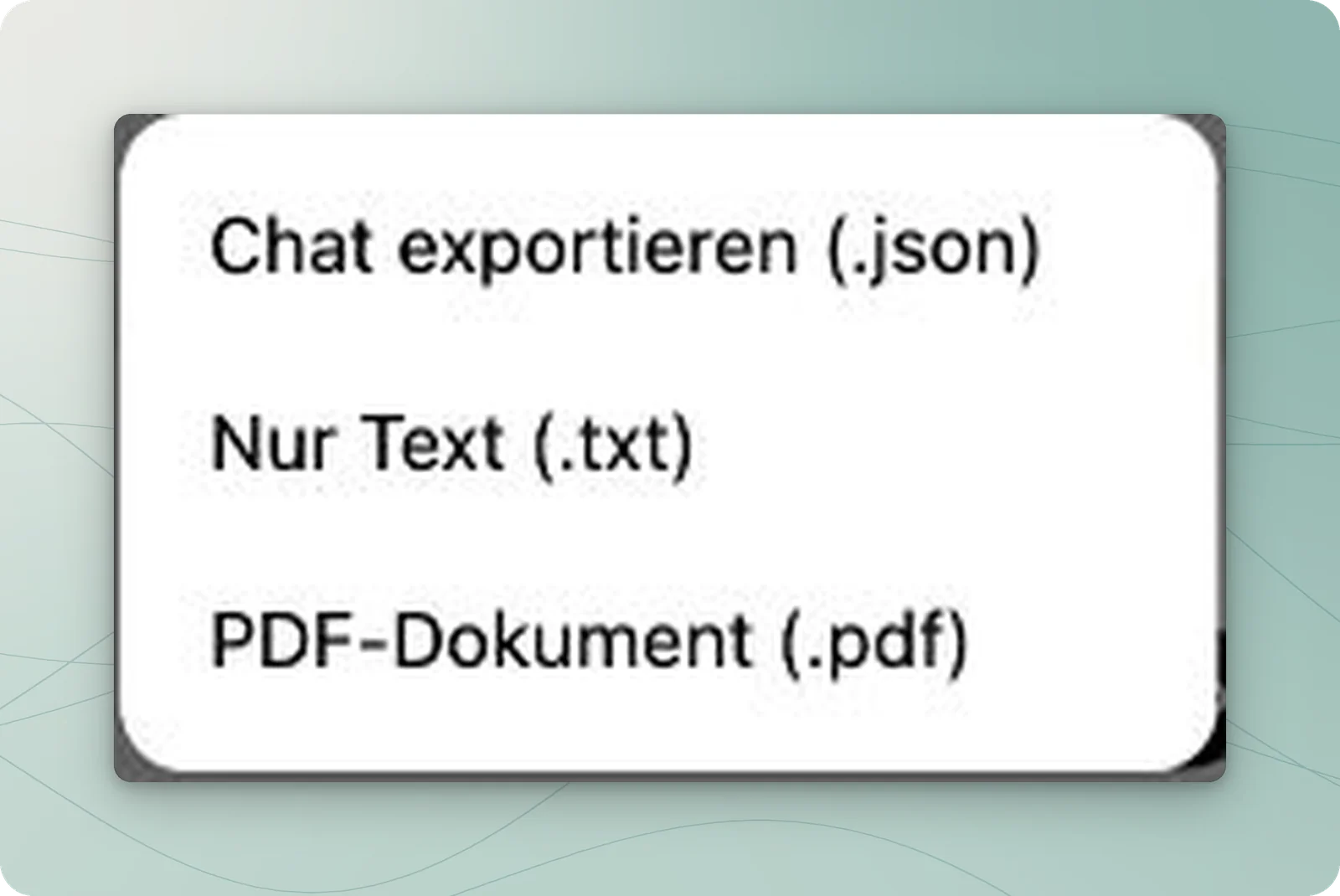 Download-Untermenü mit Chat exportieren (.json), Nur Text (.txt) und PDF-Dokument (.pdf)
