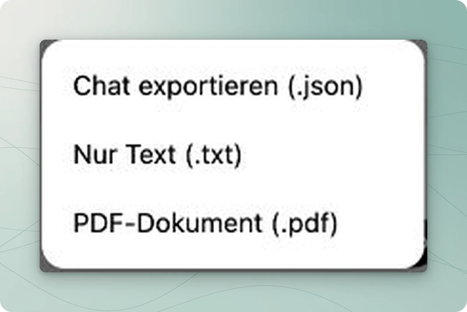 Download-Untermenü mit Chat exportieren (.json), Nur Text (.txt) und PDF-Dokument (.pdf)