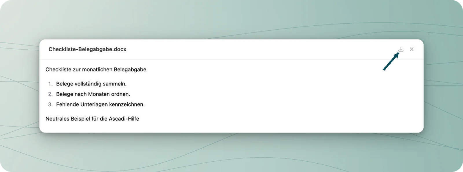 Geöffnete Word-Übungscheckliste; eine Petrolmarkierung zeigt auf das Downloadsymbol oben rechts.