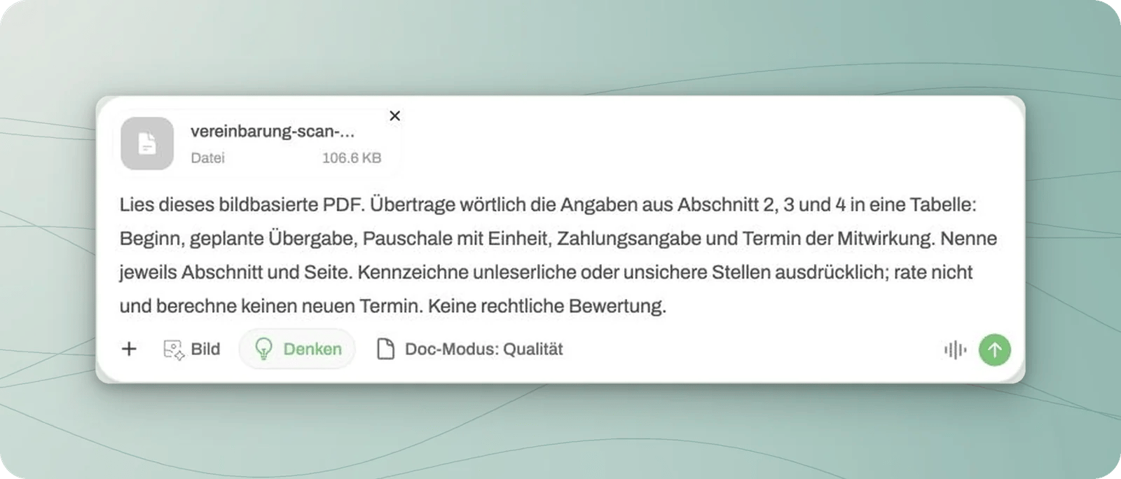 Angehängtes Scan-PDF und vorbereiteter Auftrag zu Beginn, Übergabe, Pauschale, Zahlung und Mitwirkung.