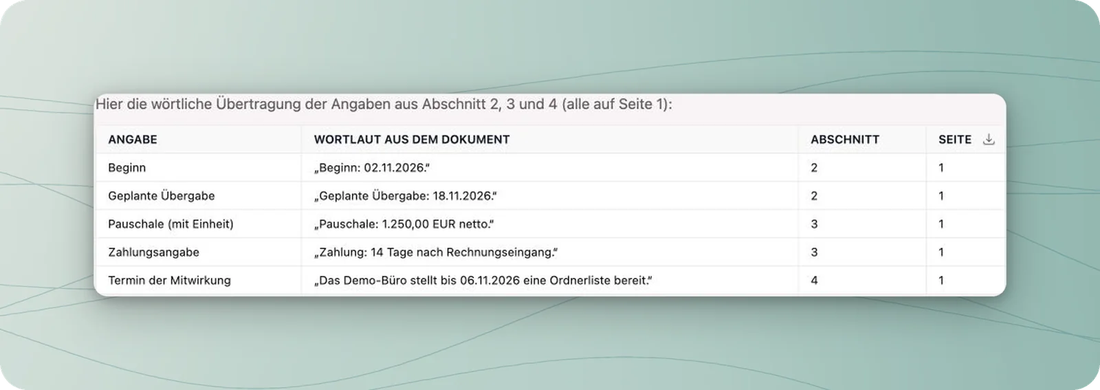 Ergebnistabelle mit fünf Angaben aus der Übungsvereinbarung und Fundstellen auf Seite 1.
