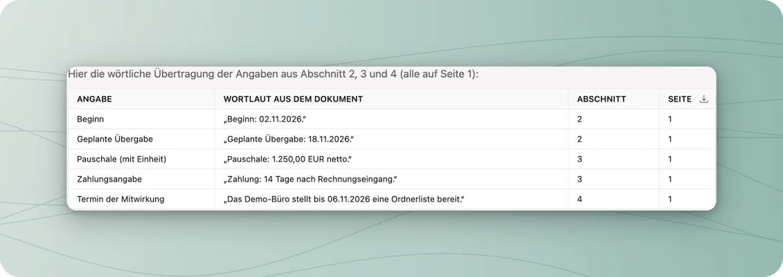 Ergebnistabelle mit fünf Angaben aus der Übungsvereinbarung und Fundstellen auf Seite 1.