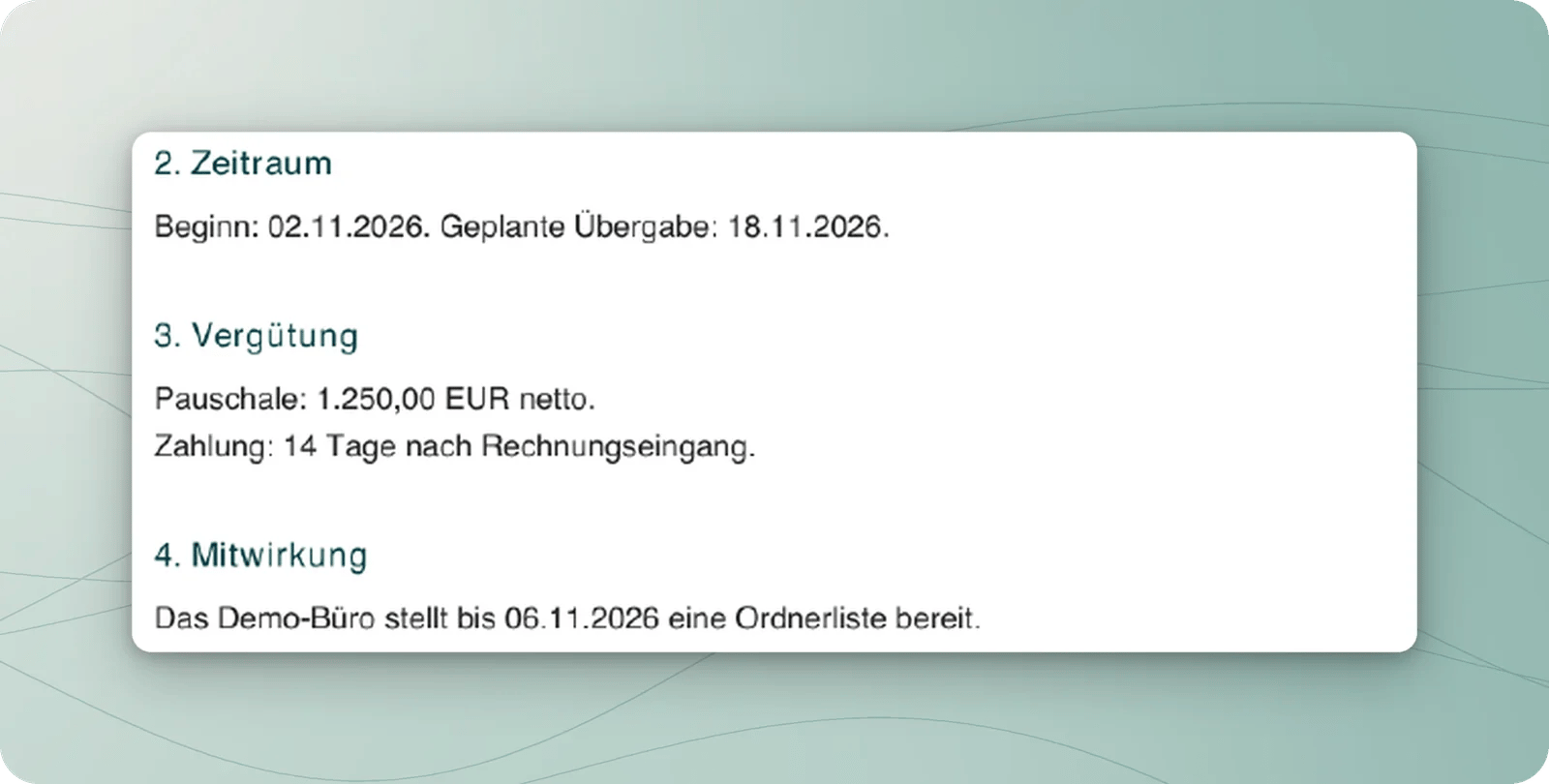 Originalausschnitt der Scan-PDF mit Beginn 2. November, Übergabe 18. November, Pauschale 1.250 Euro netto, Zahlung nach Rechnungseingang und Ordnerliste bis 6. November 2026.