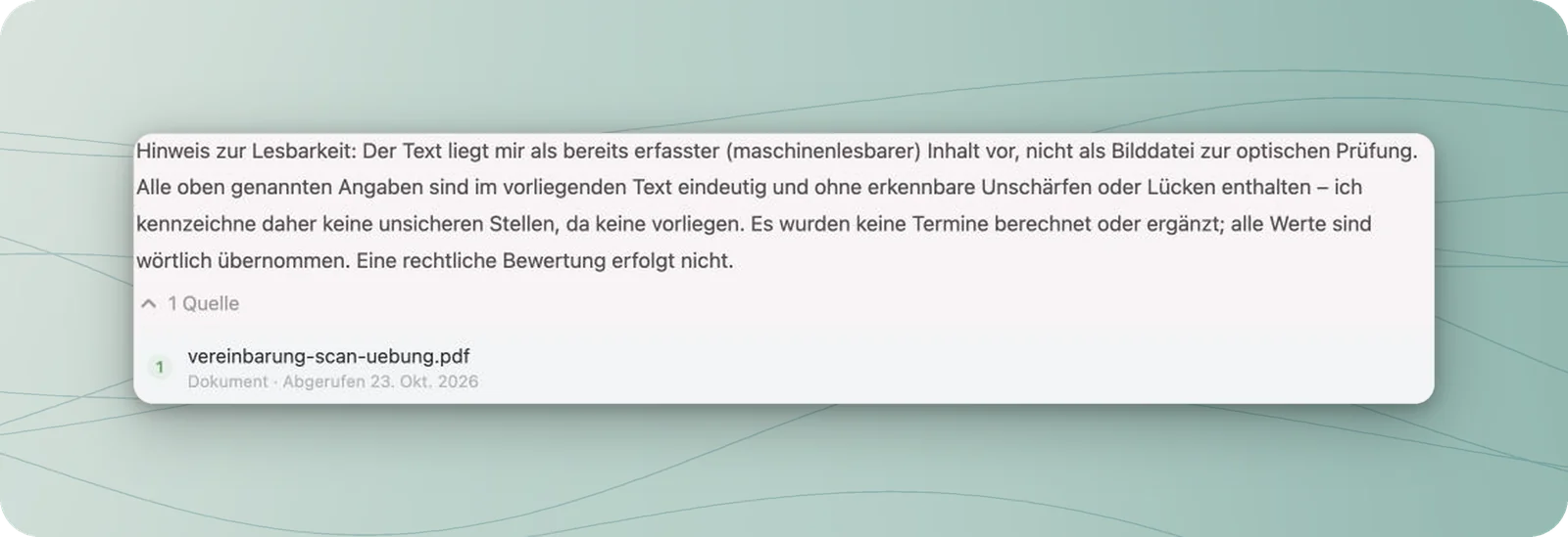 Hinweis der Antwort auf maschinenlesbaren Inhalt statt optischer Prüfung und geöffneter Quellenverweis auf das Übungs-PDF.