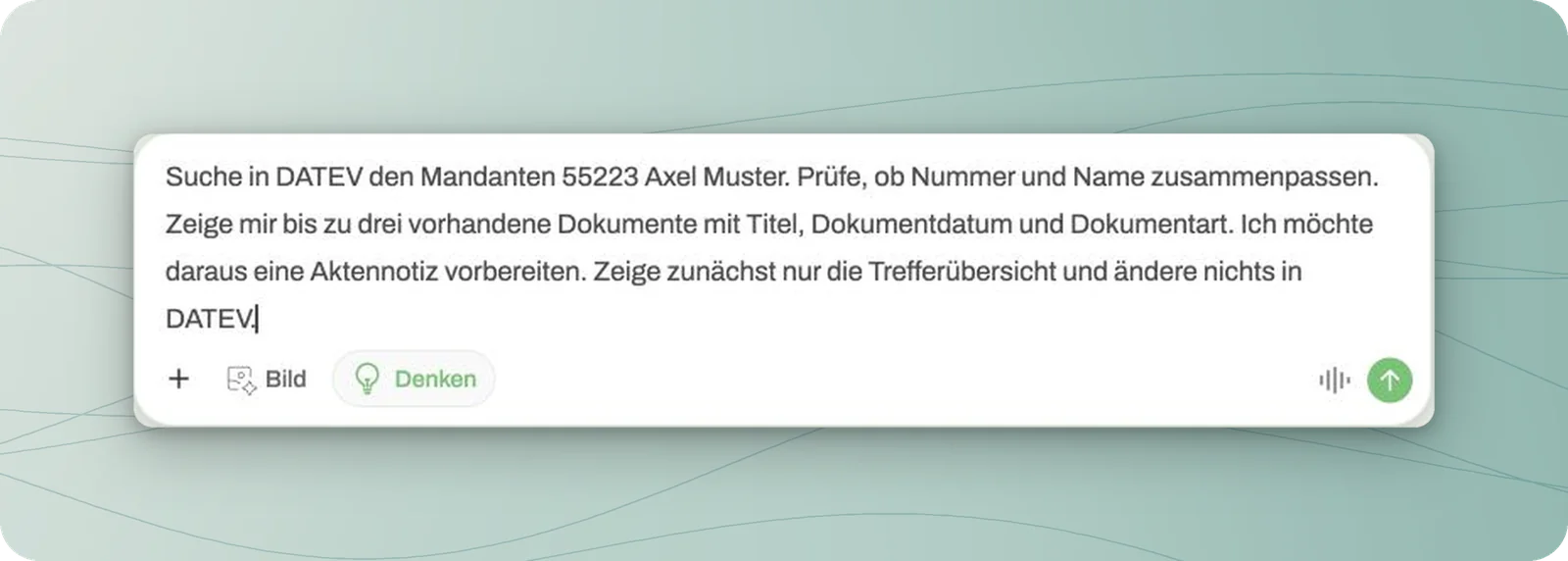 Chat-Eingabe zur Dokumentensuche für Testmandant 55223 Axel Muster