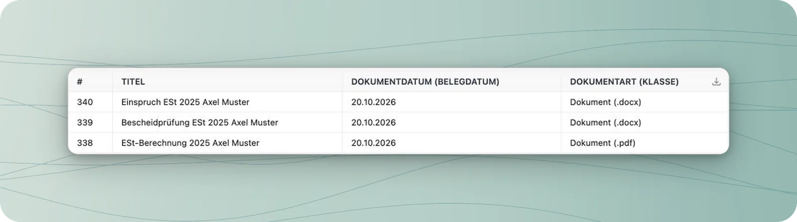 DATEV-Dokumenttabelle mit Titeln, Dokumentdatum, Dateitypen und Dokumentnummer 338