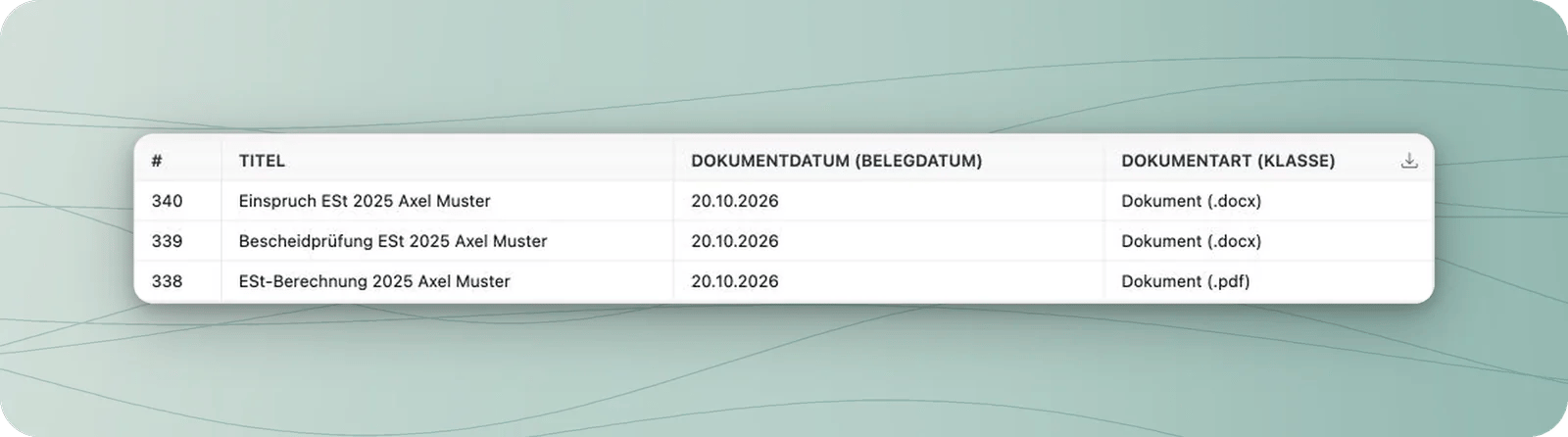 DATEV-Dokumenttabelle mit Titeln, Dokumentdatum, Dateitypen und Dokumentnummer 338