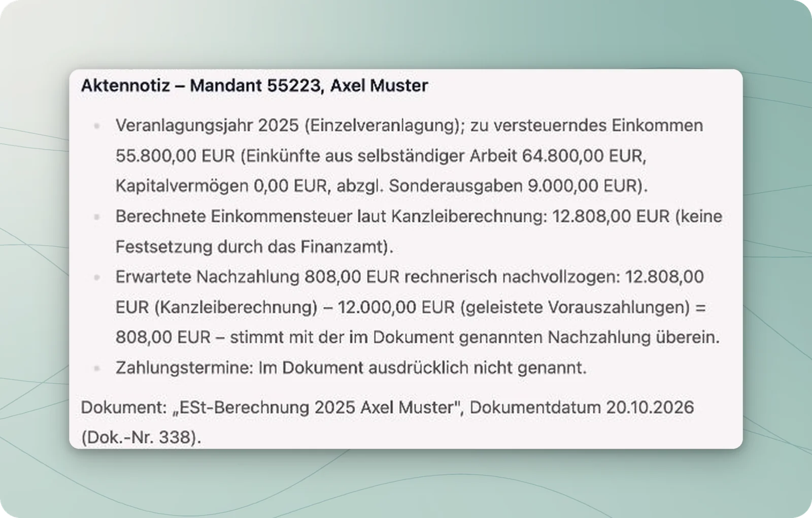 Überarbeitete Aktennotiz für Testmandant Axel Muster mit vier Punkten sowie Dokumenttitel und Datum