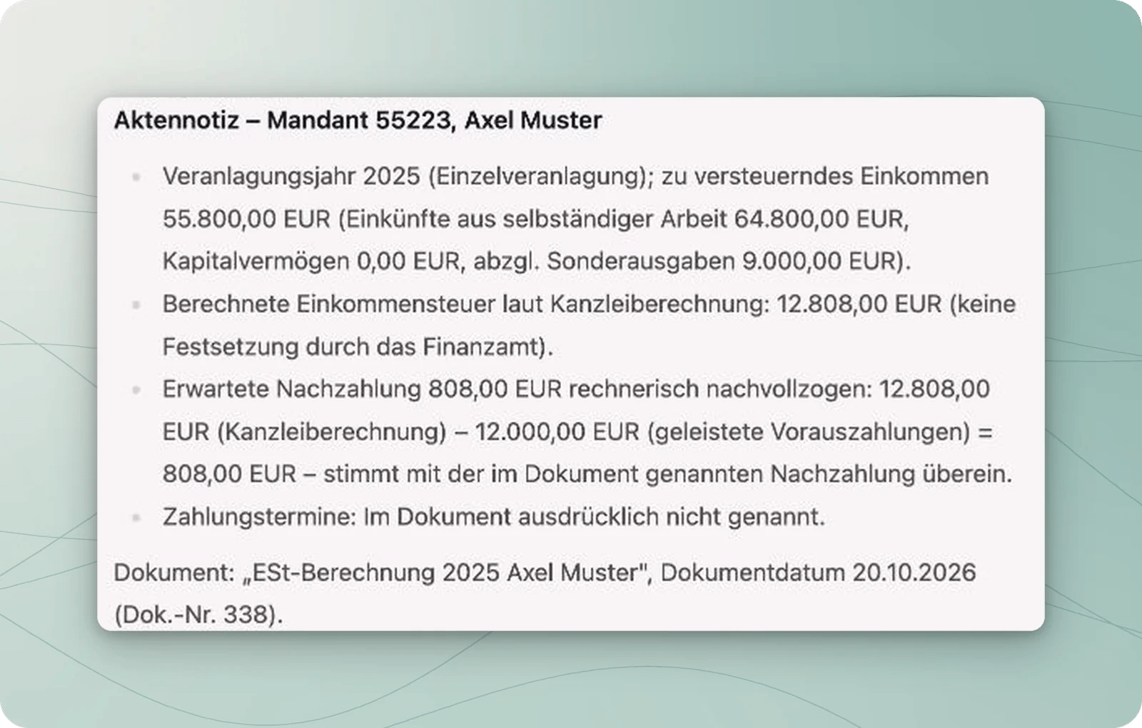 Überarbeitete Aktennotiz für Testmandant Axel Muster mit vier Punkten sowie Dokumenttitel und Datum