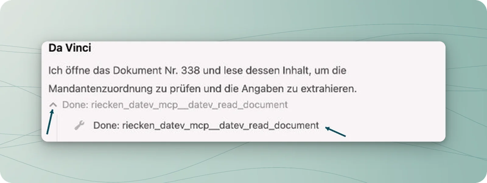 Zwei Pfeile markieren die Werkzeugübersicht und den darin aufgeführten Schritt zum Lesen des DATEV-Dokuments