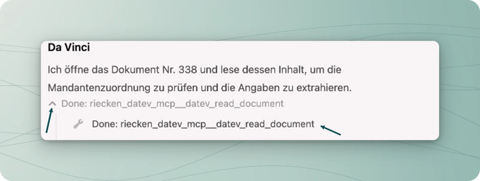 Zwei Pfeile markieren die Werkzeugübersicht und den darin aufgeführten Schritt zum Lesen des DATEV-Dokuments
