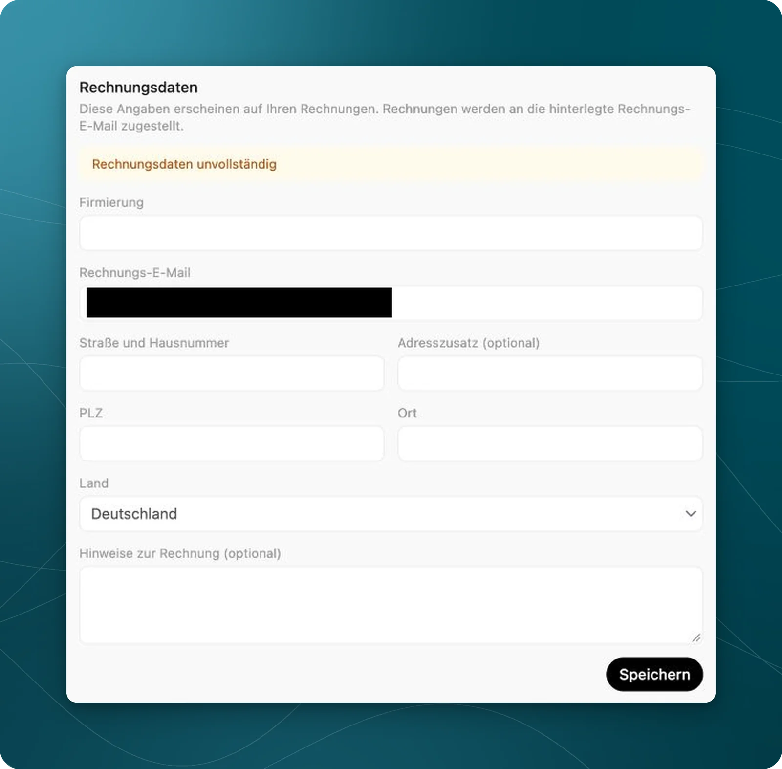 Rechnungsdatenformular mit Firmierung, Rechnungs-E-Mail, Adressfeldern, Land, Hinweisen und Speichern; E-Mail-Adresse verdeckt.