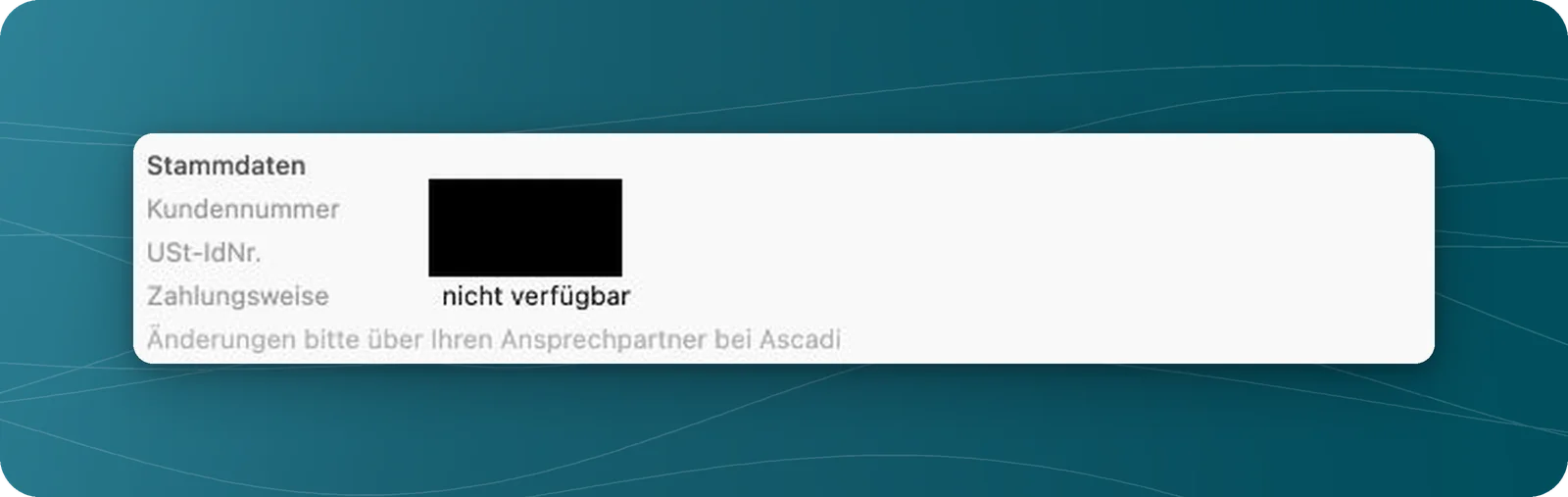 Stammdaten mit Kundennummer, USt-IdNr. und Zahlungsweise sowie Hinweis auf den Ansprechpartner; Kennungen verdeckt.