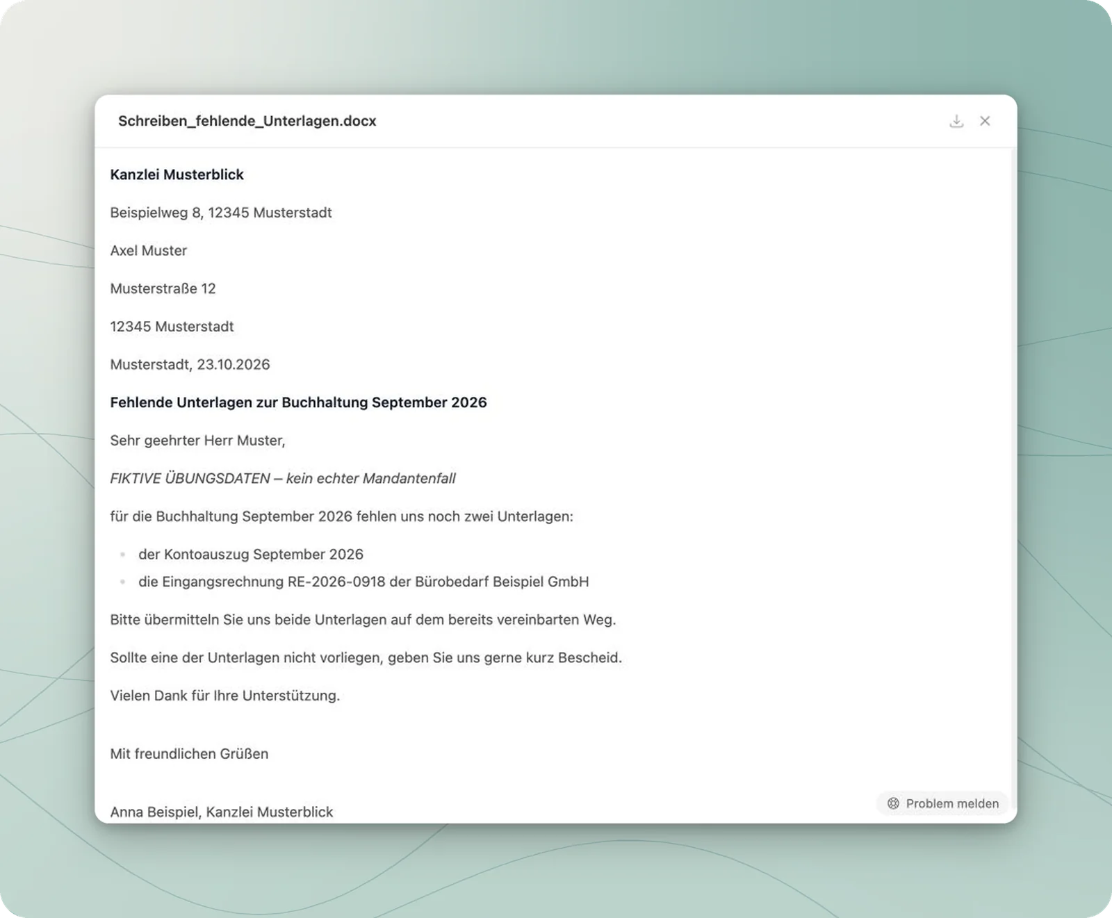 Geöffnetes Schreiben an Axel Muster mit September-Zeitraum, Kontoauszug und Rechnung RE-2026-0918; der Downloadpfeil steht oben rechts.