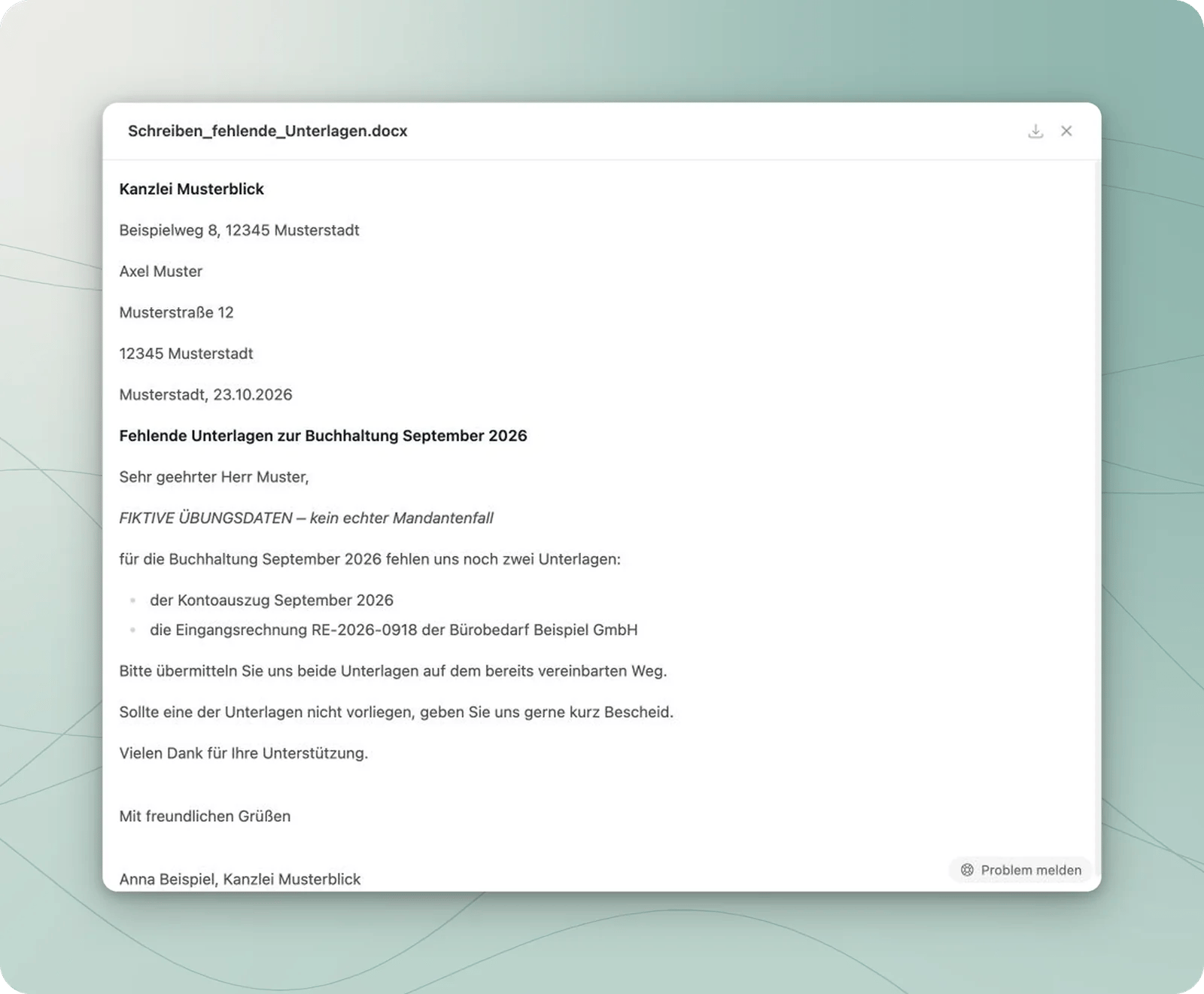 Geöffnetes Schreiben an Axel Muster mit September-Zeitraum, Kontoauszug und Rechnung RE-2026-0918; der Downloadpfeil steht oben rechts.