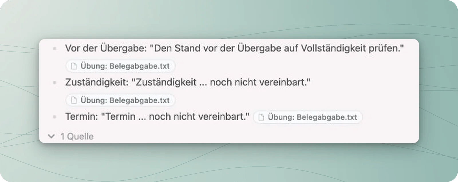 Antwort mit drei kontrollierten Angaben und Quellenverweisen auf Übung: Belegabgabe.txt.