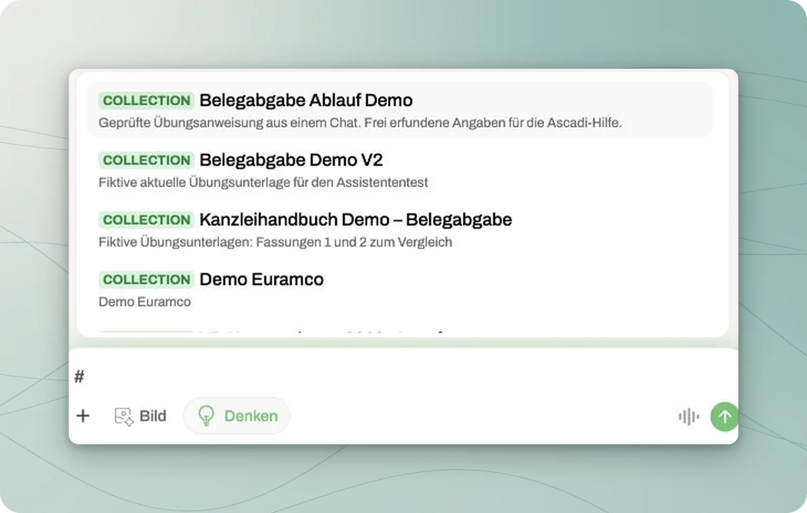 Wissensauswahl nach Eingabe von #; oben steht die Sammlung Belegabgabe Ablauf Demo.
