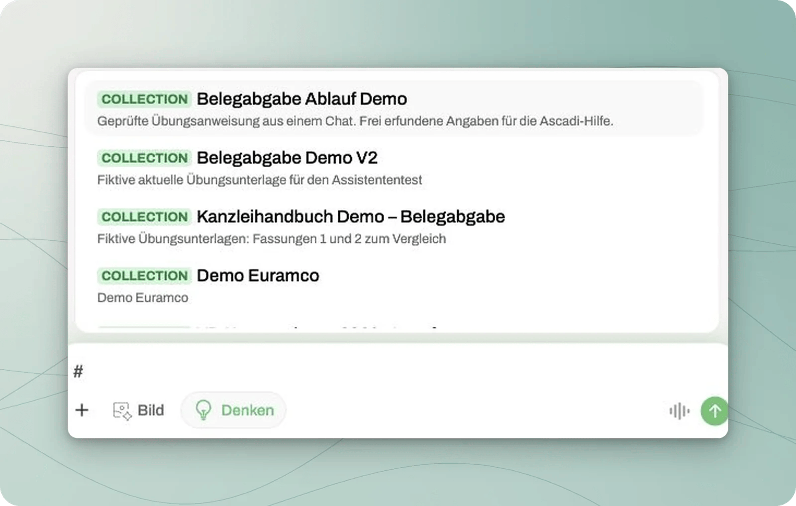Wissensauswahl nach Eingabe von #; oben steht die Sammlung Belegabgabe Ablauf Demo.