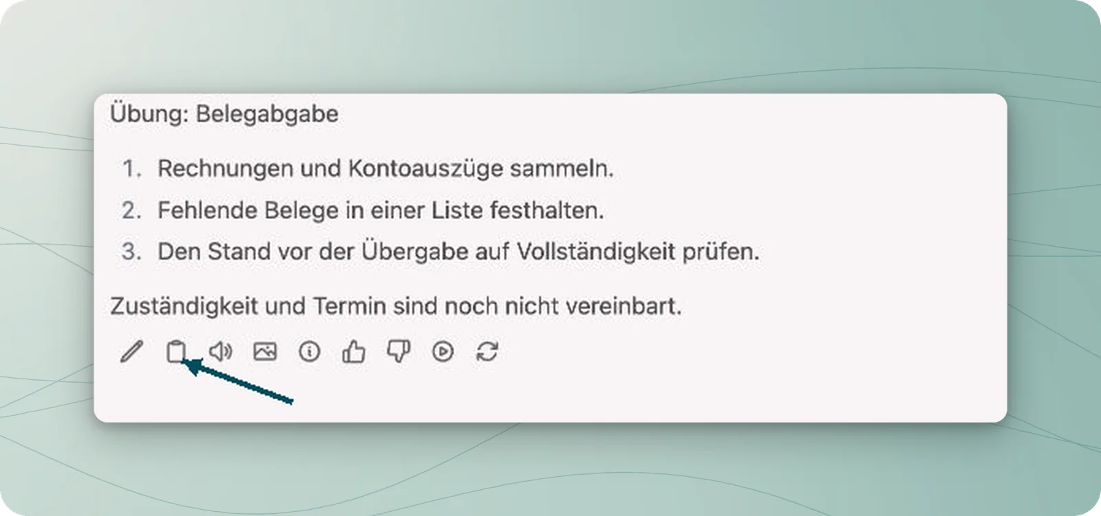 Geprüfte Dreipunkt-Anweisung; ein Petrolpfeil zeigt auf Kopieren unter der Antwort.