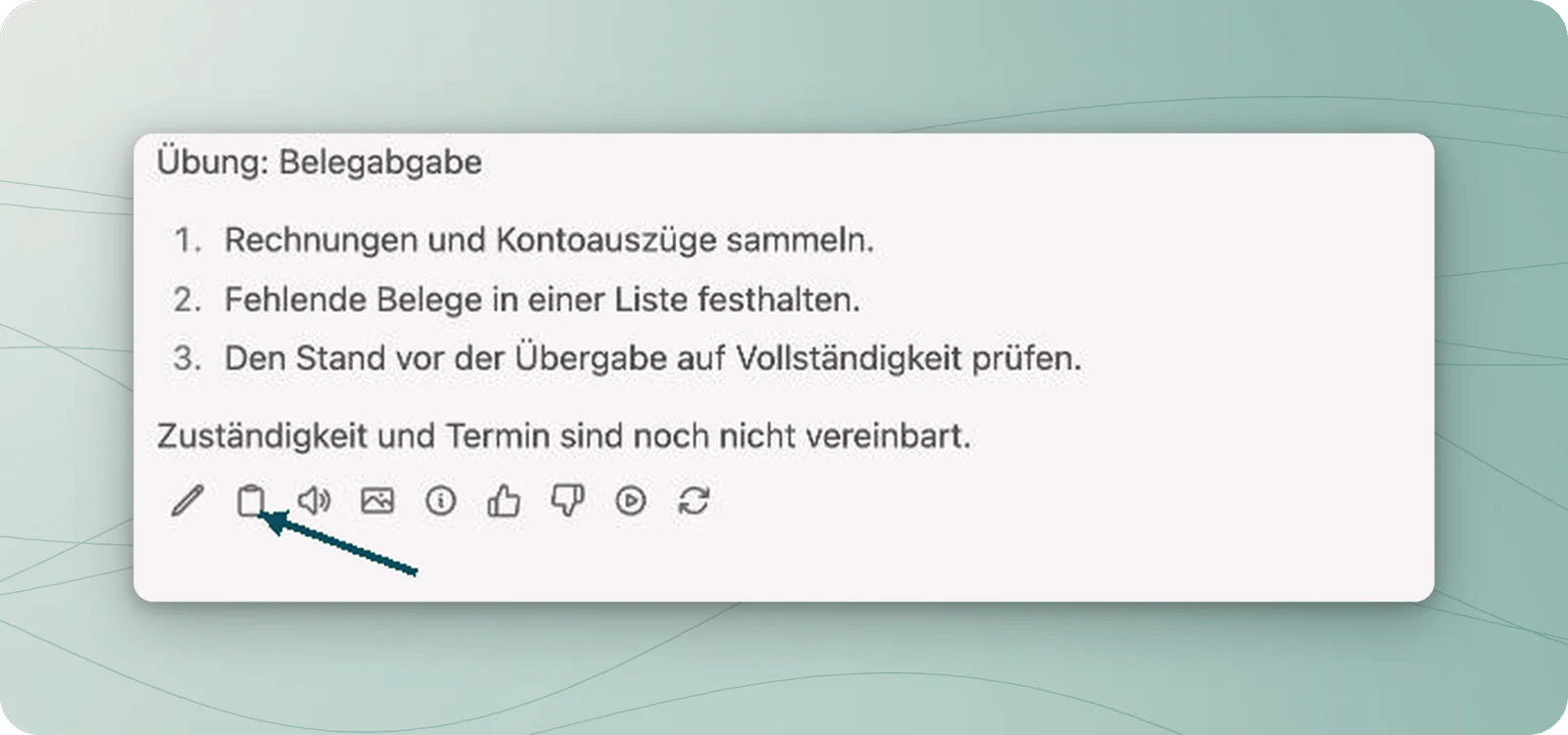 Geprüfte Dreipunkt-Anweisung; ein Petrolpfeil zeigt auf Kopieren unter der Antwort.