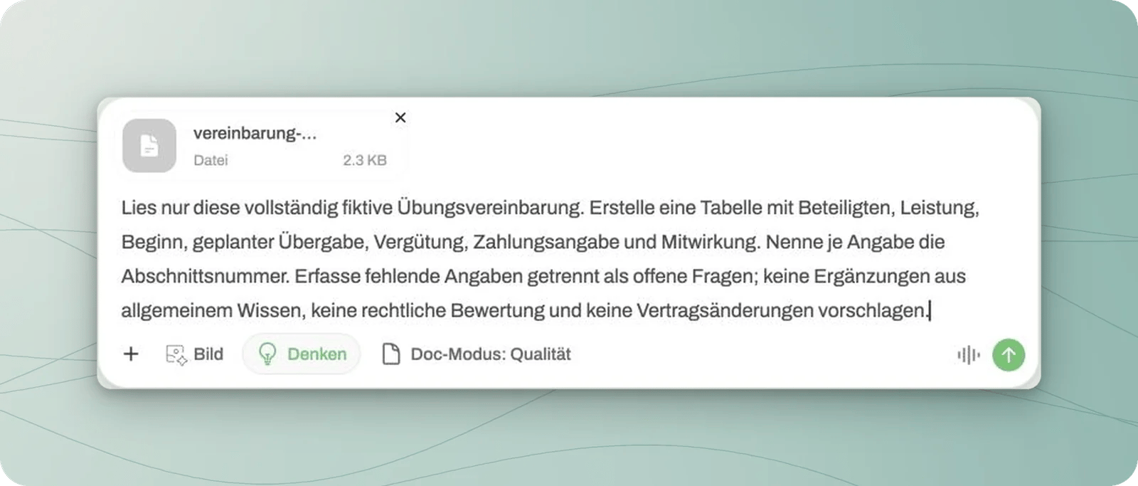 Eingabebereich mit Übungsvereinbarung und vorbereitetem Auftrag zur Erfassung von Angaben und Fundstellen.